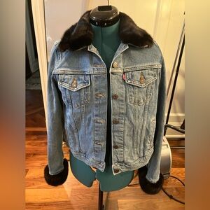 Levi's Classic Blue Denim Jacket with Real Black Mink Fur